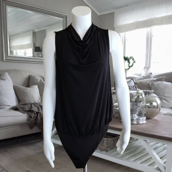 EXPRESS Black Cowl Neck Sleeveless Bodysuit L One Piece Shell Drape Neck Thong - Picture 4 of 16